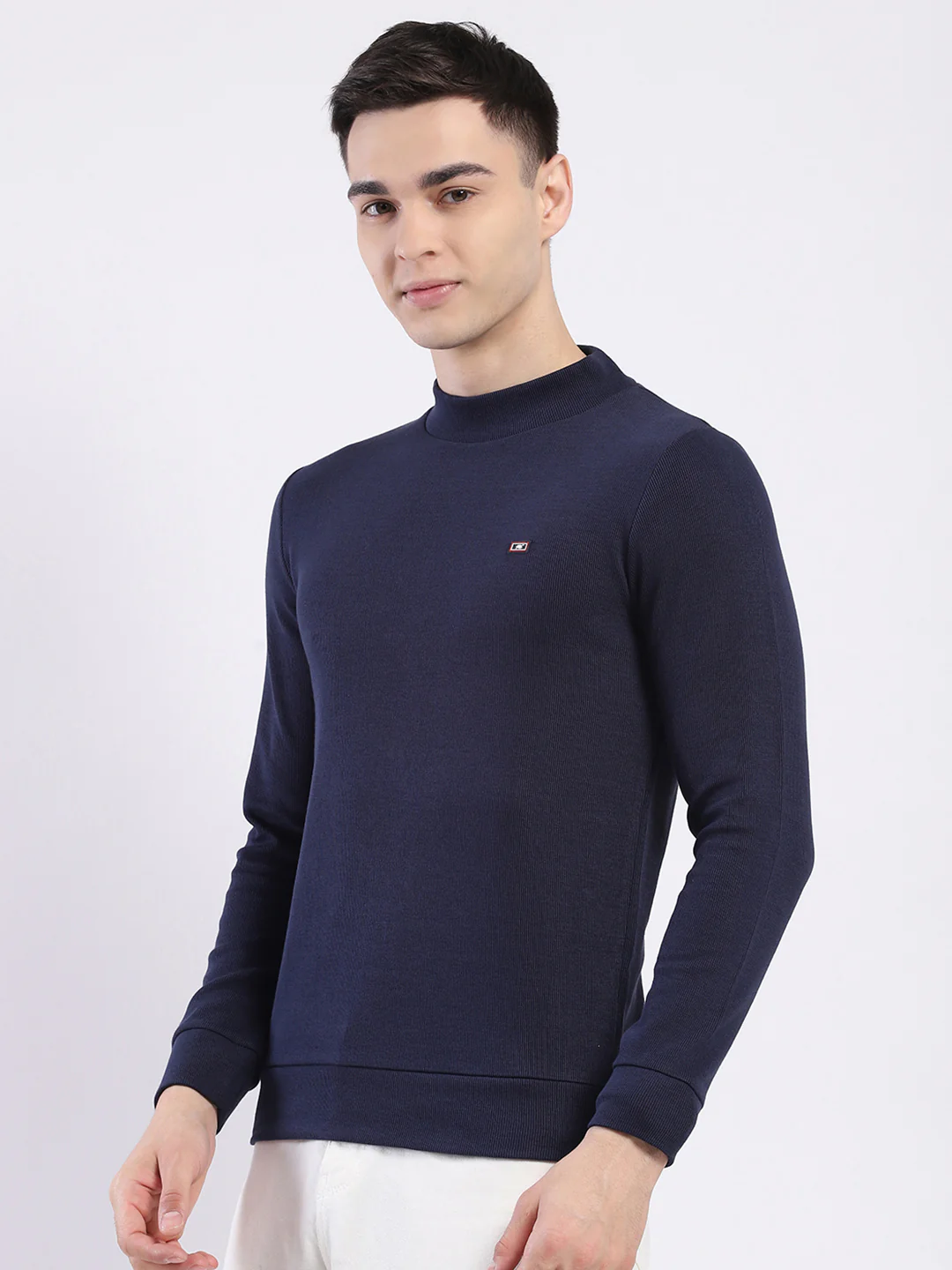 Men Navy Blue Solid Round Neck Full Sleeve Winter T-Shirt - Image 3
