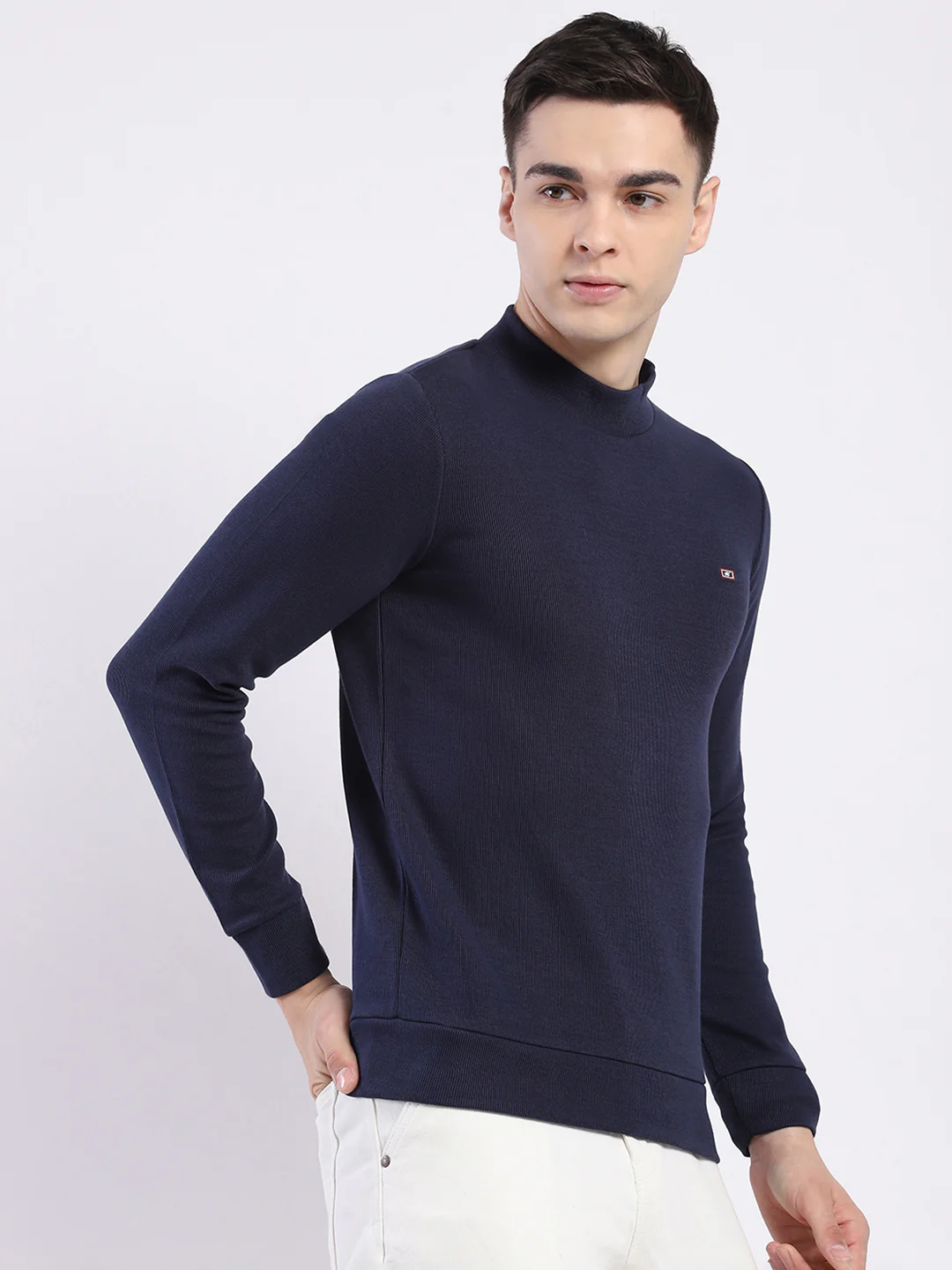 Men Navy Blue Solid Round Neck Full Sleeve Winter T-Shirt - Image 4