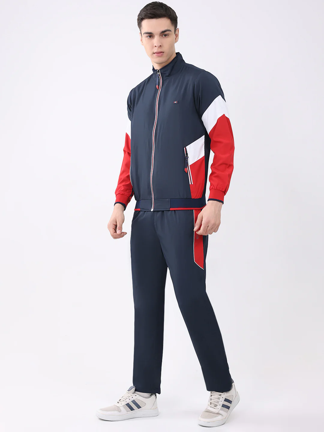 Men Navy Blue Solid Round Neck Full Sleeve Winter Tracksuit - Image 3