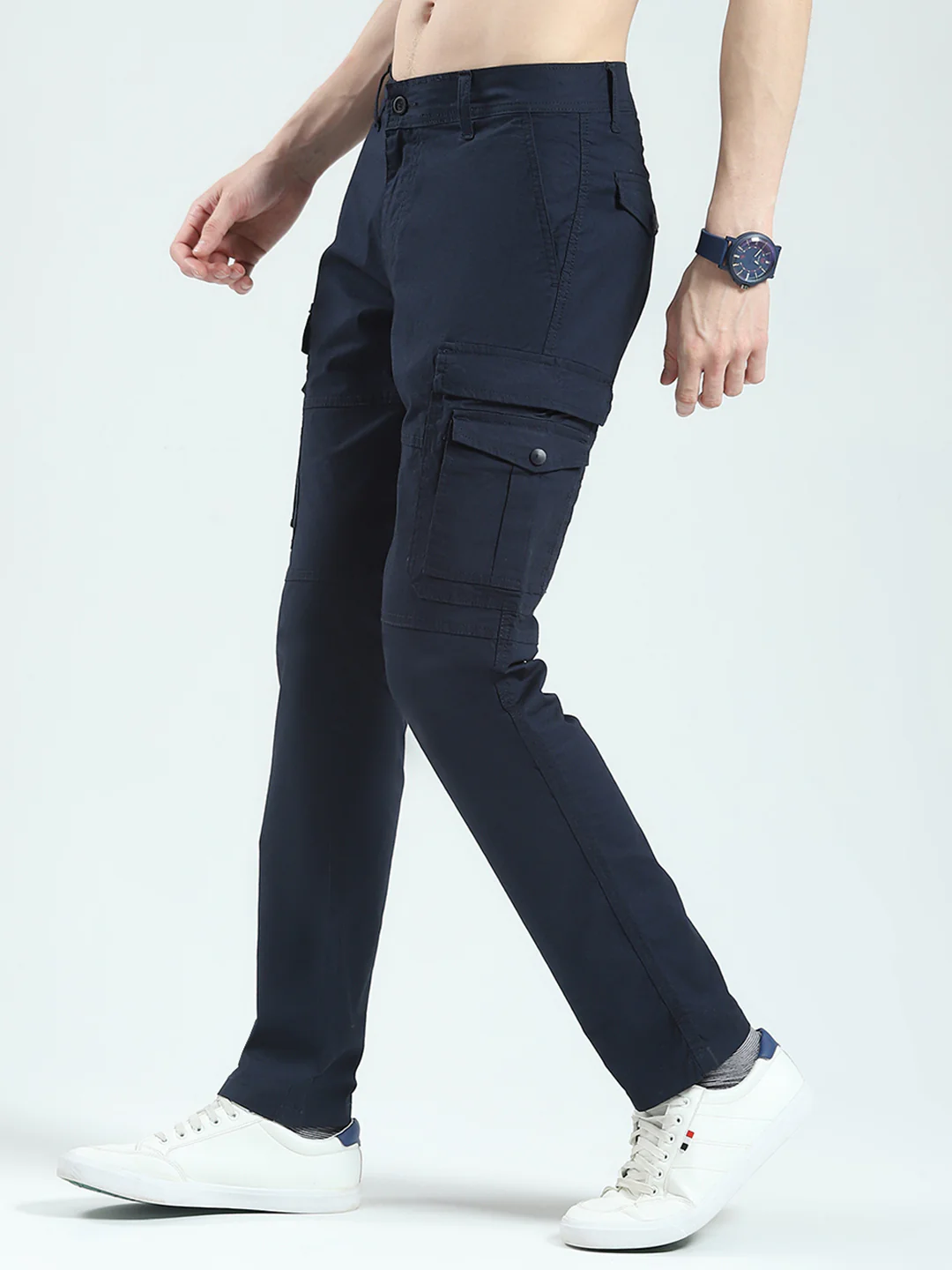 Men Navy Blue Solid Slim Fit Cargo - Image 3