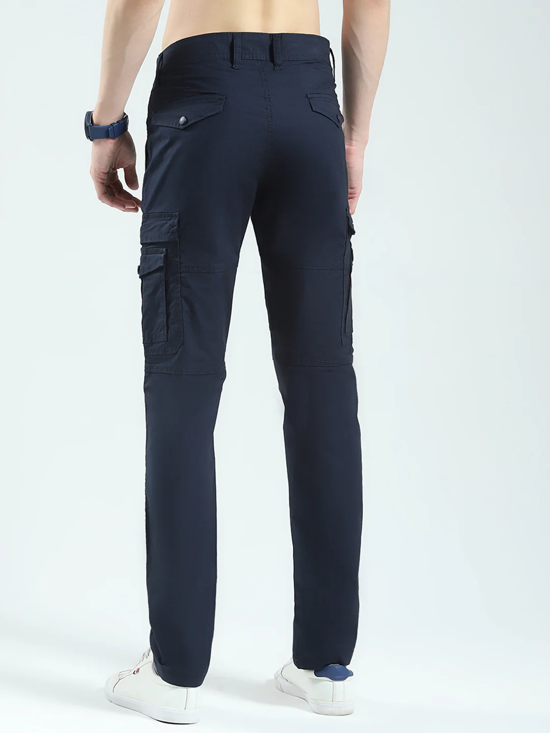 Men Navy Blue Solid Slim Fit Cargo - Image 5