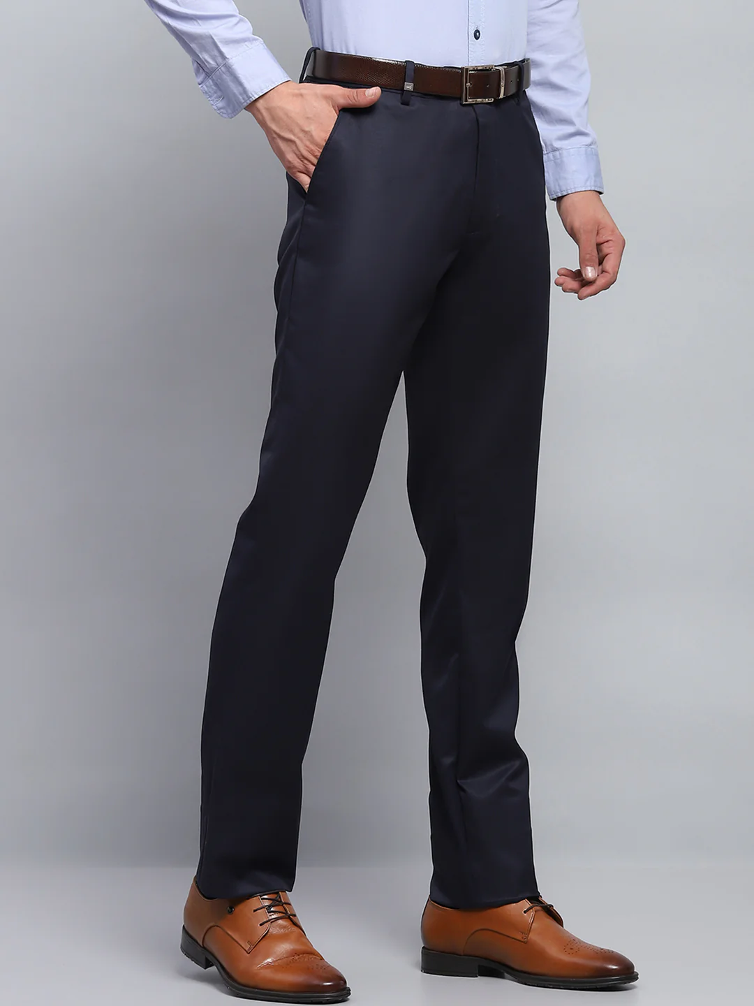 Men Navy Blue Solid Smart Fit Trouser - Image 4