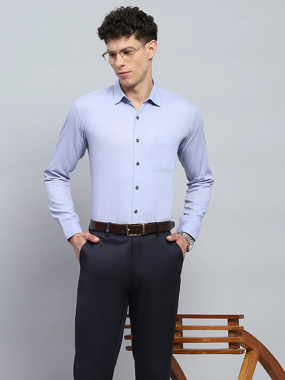 Men Navy Blue Solid Smart Fit Trouser - Image 6