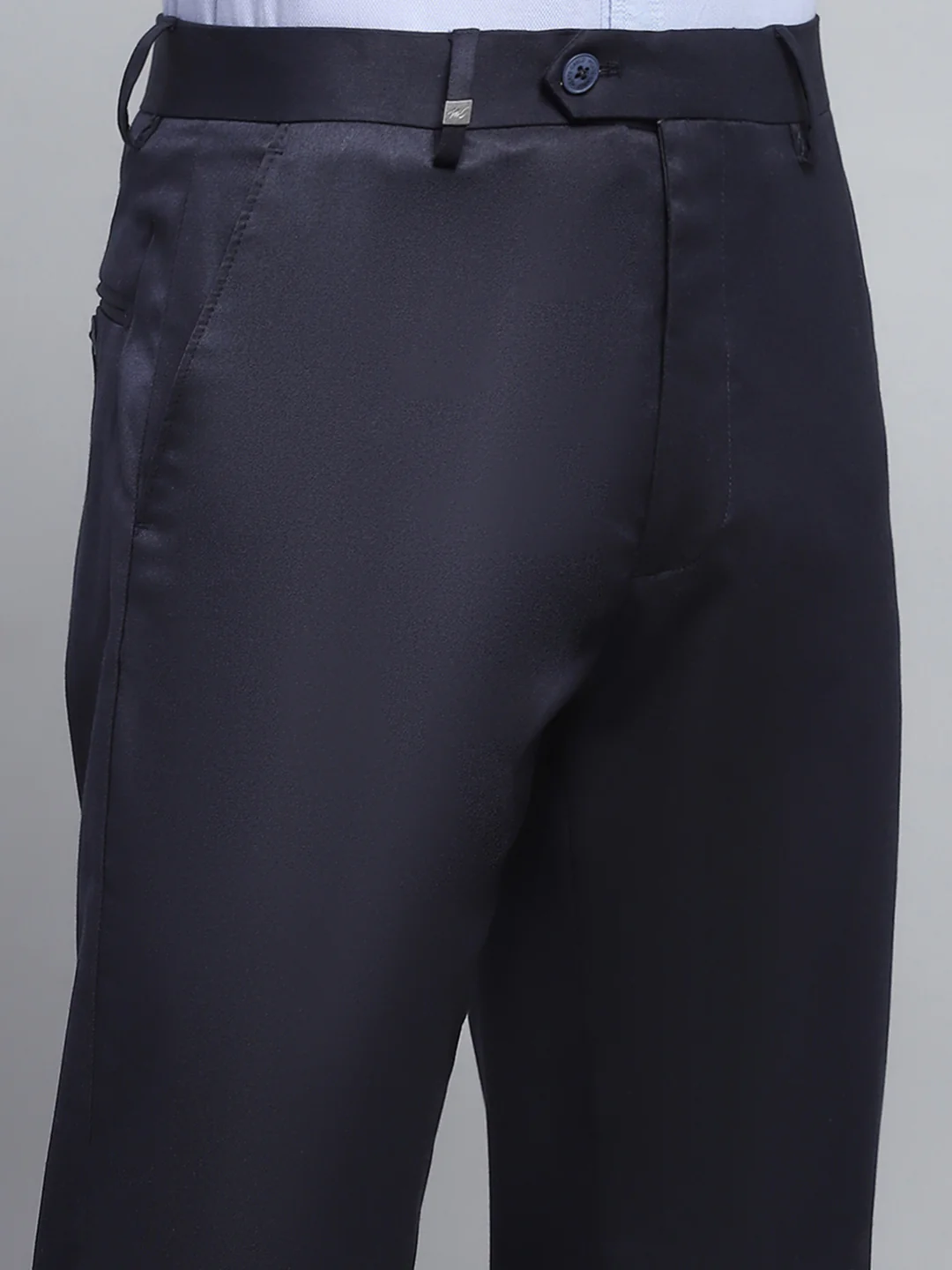 Men Navy Blue Solid Smart Fit Trouser - Image 7