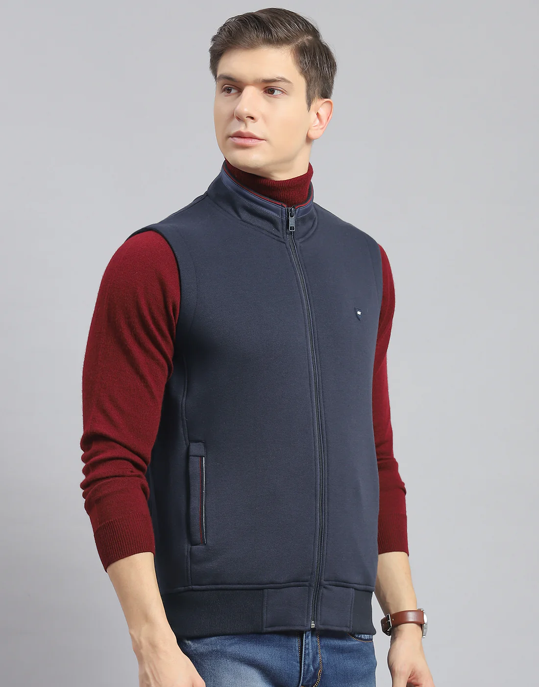 Men Navy Blue Solid Stand Collar Sleeveless Jacket - Image 4