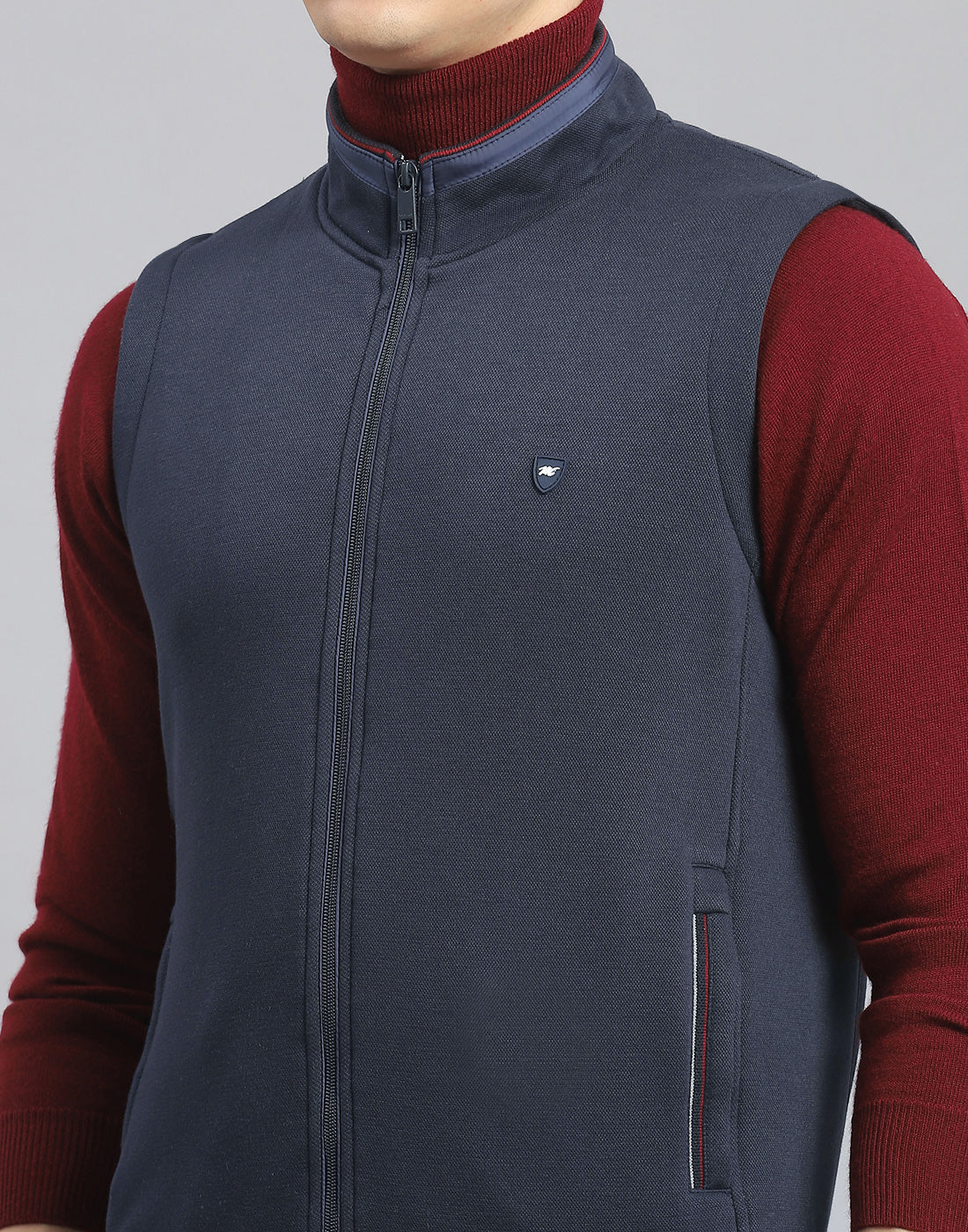 Men Navy Blue Solid Stand Collar Sleeveless Jacket - Image 6