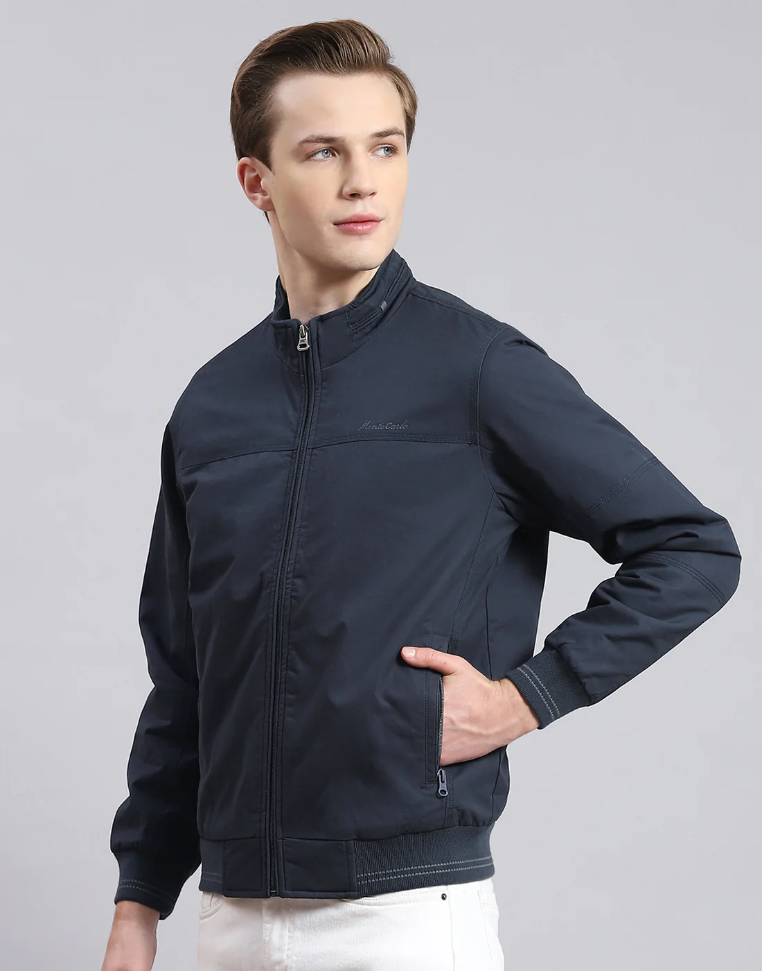 Men Navy Blue Solid Stand Collar Full Sleeve Jacket - Image 3