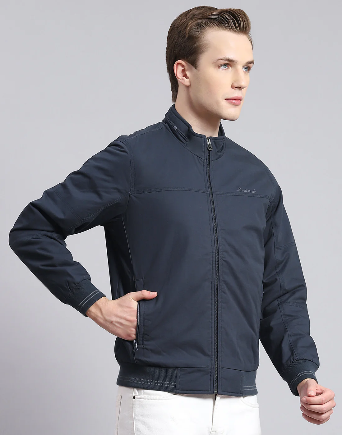 Men Navy Blue Solid Stand Collar Full Sleeve Jacket - Image 4