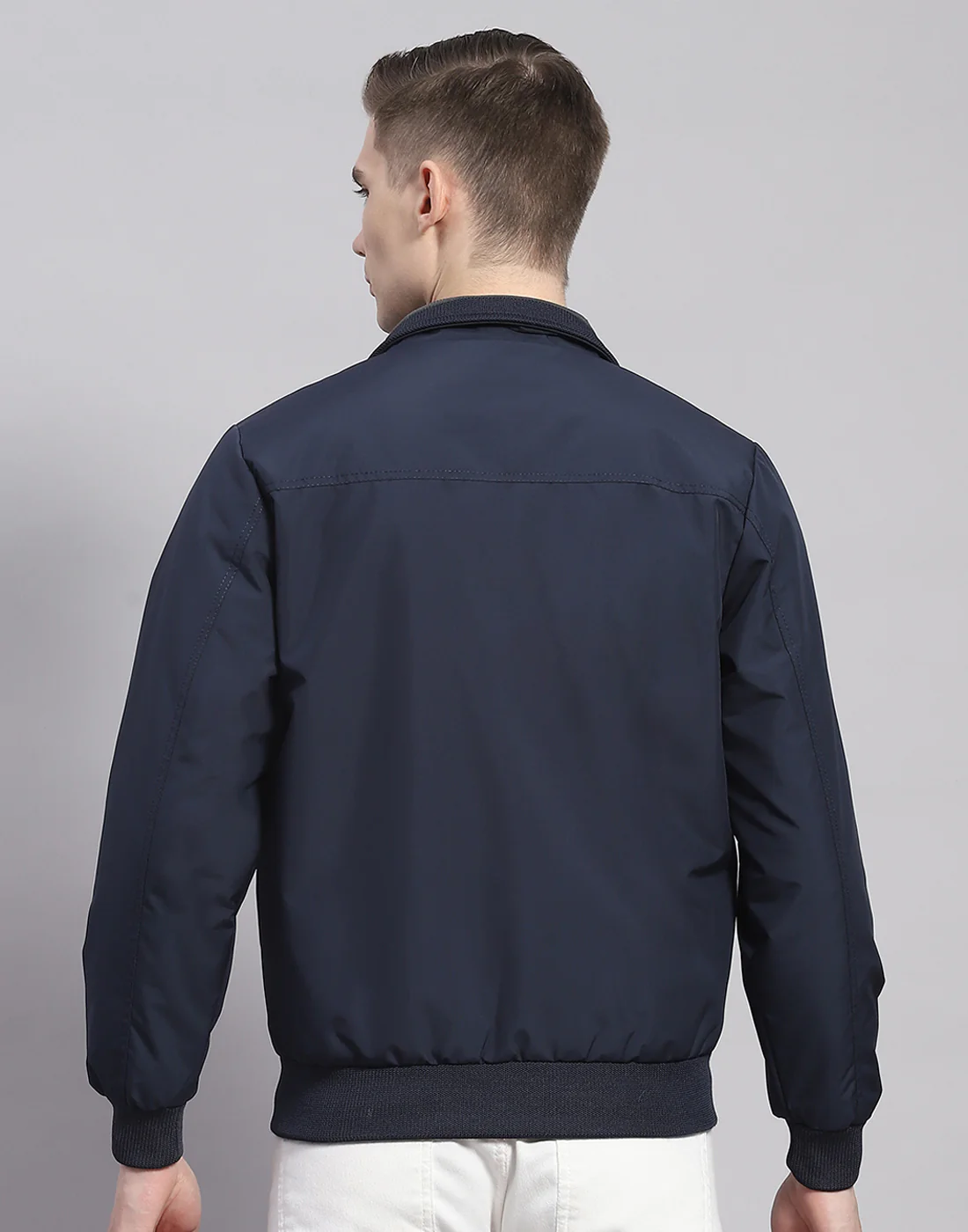 Men Navy Blue Solid Stand Collar Full Sleeve Jacket - Image 5