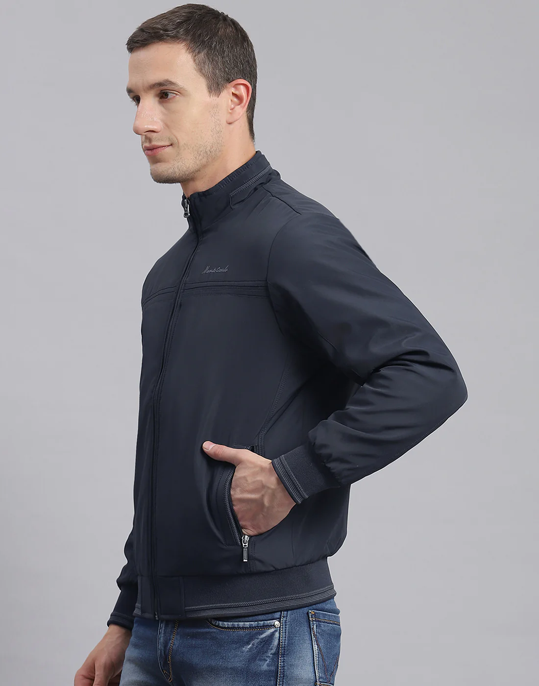 Men Navy Blue Solid Stand Collar Full Sleeve Jacket - Image 3