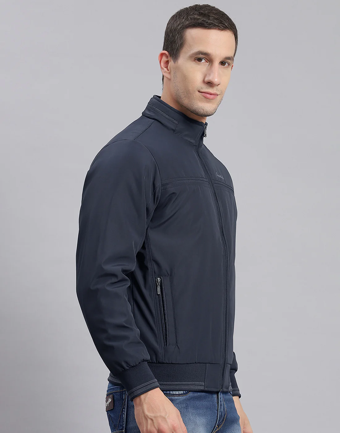 Men Navy Blue Solid Stand Collar Full Sleeve Jacket - Image 4