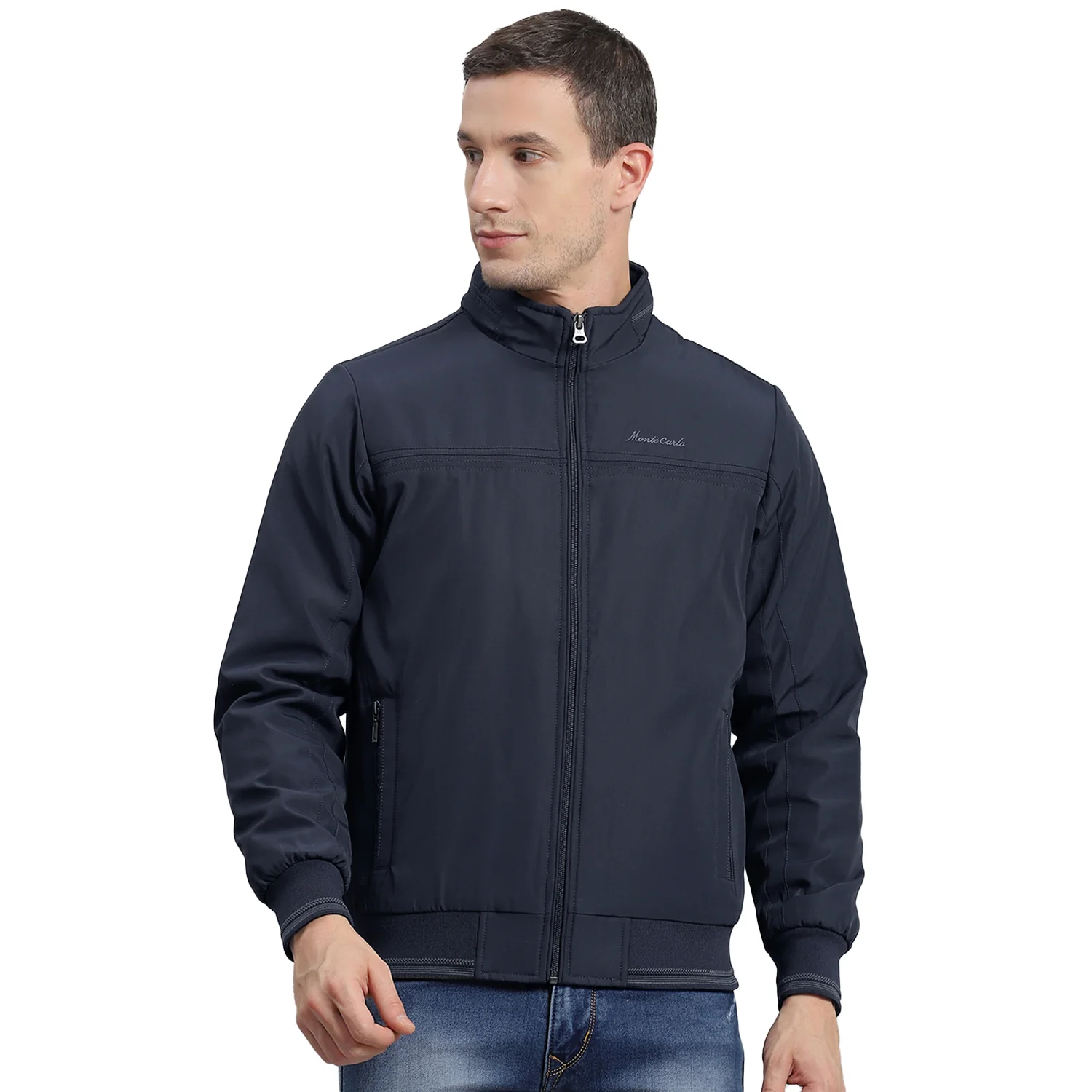 Men Navy Blue Solid Stand Collar Full Sleeve Jacket - Image 5