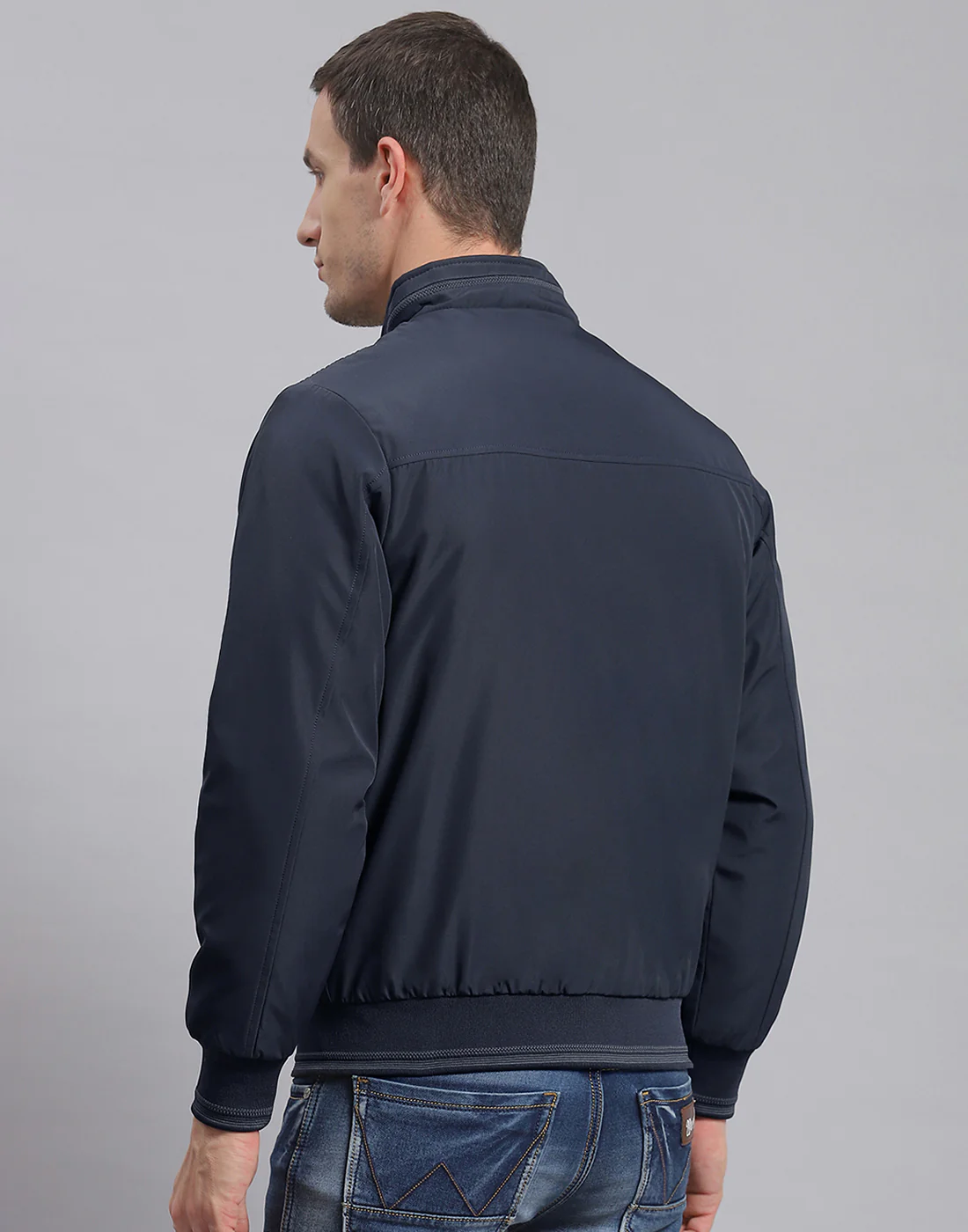 Men Navy Blue Solid Stand Collar Full Sleeve Jacket - Image 6