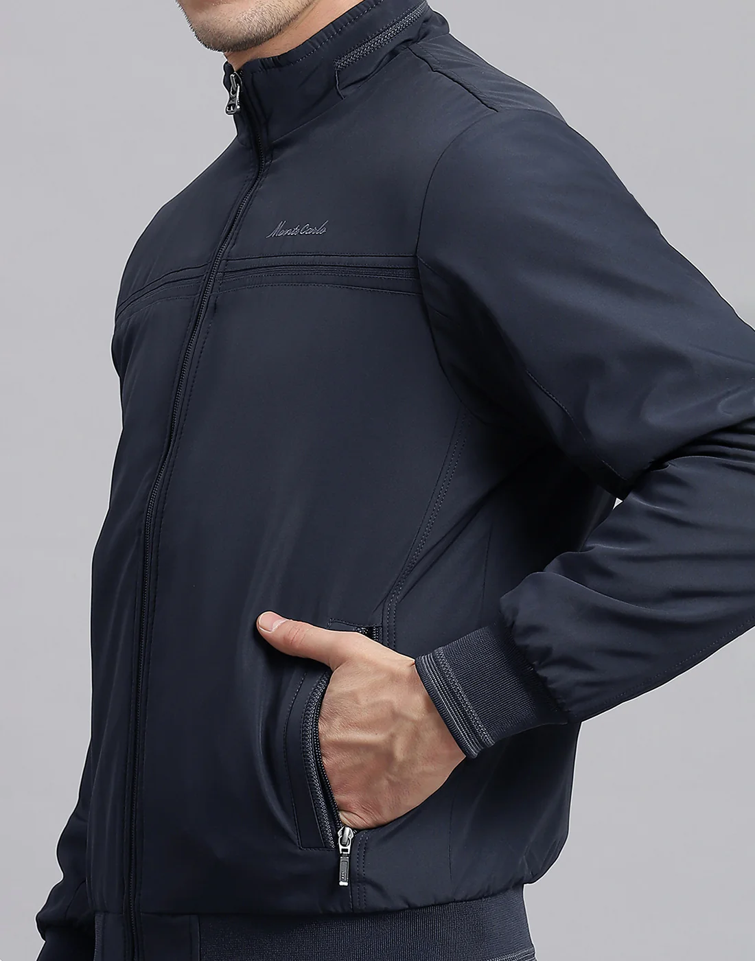 Men Navy Blue Solid Stand Collar Full Sleeve Jacket - Image 7