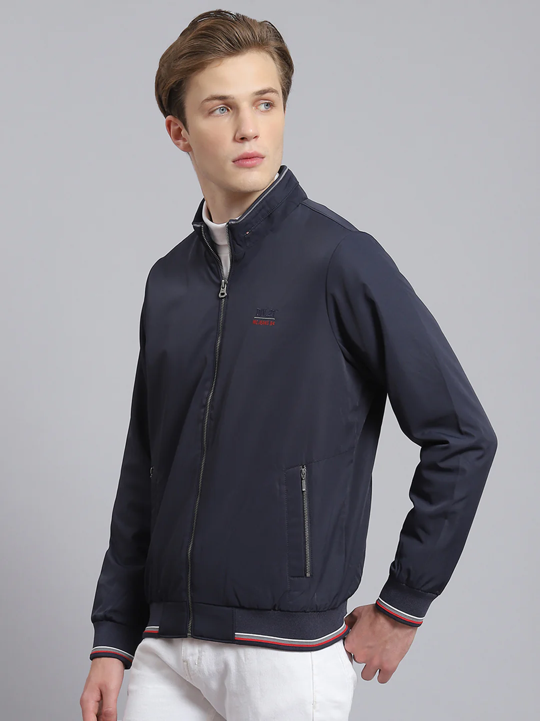 Men Navy Blue Solid Stand Collar Full Sleeve Jacket - Image 3