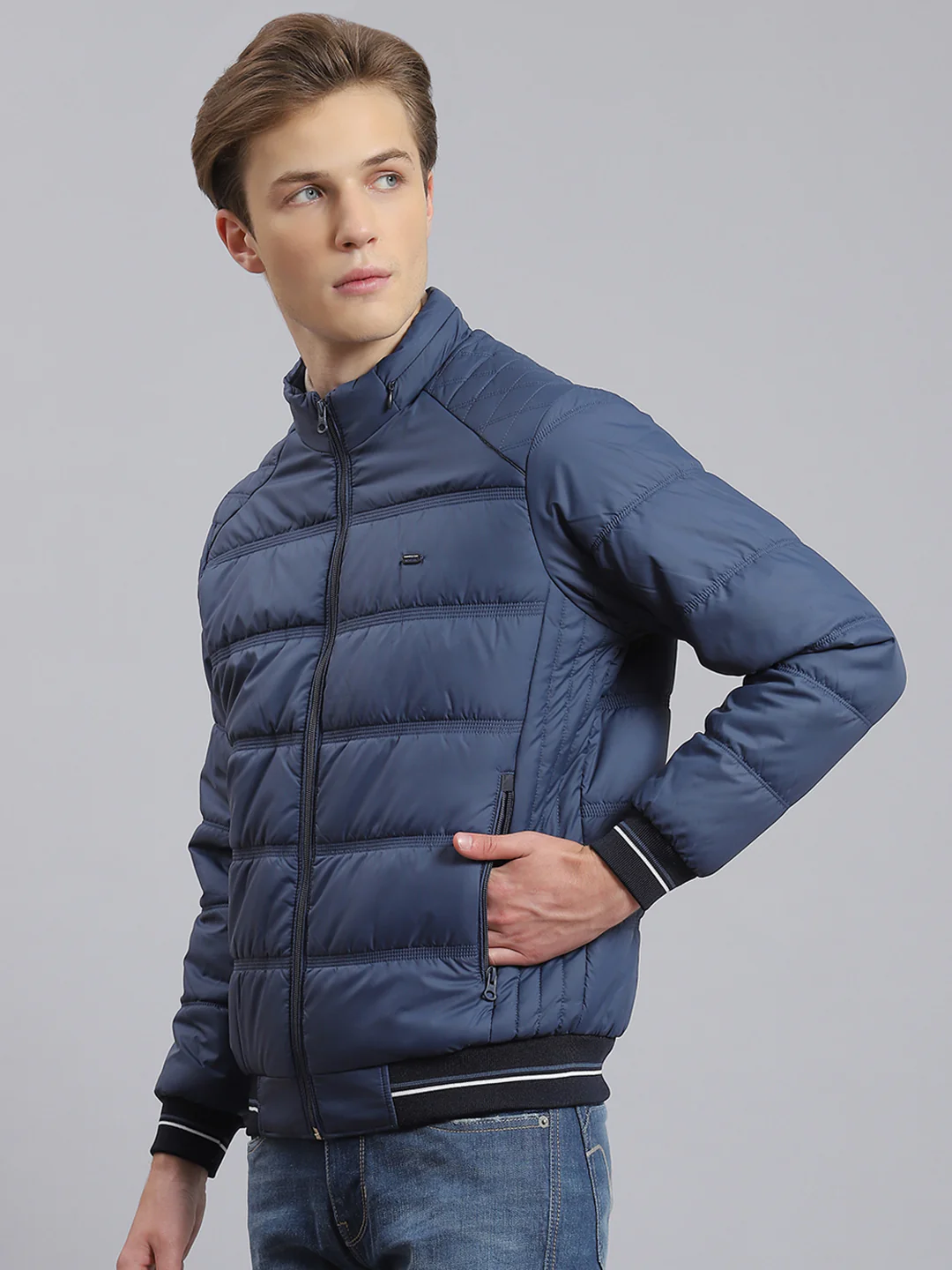 Men Navy Blue Solid Stand Collar Full Sleeve Jacket - Image 4