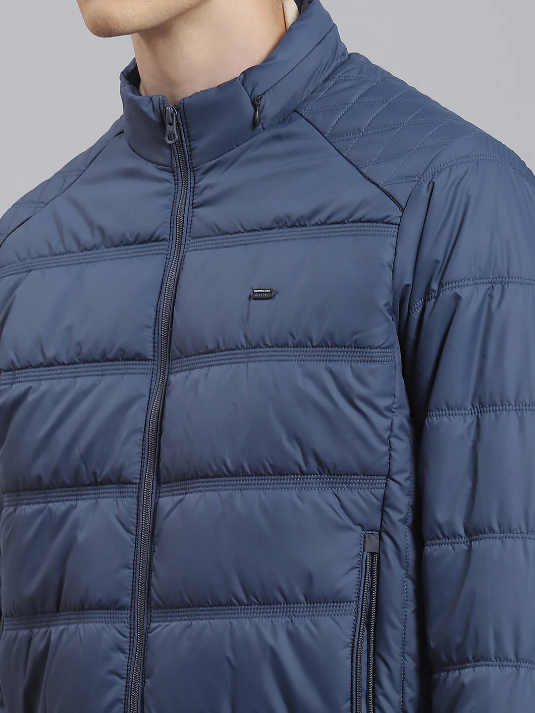 Men Navy Blue Solid Stand Collar Full Sleeve Jacket - Image 7