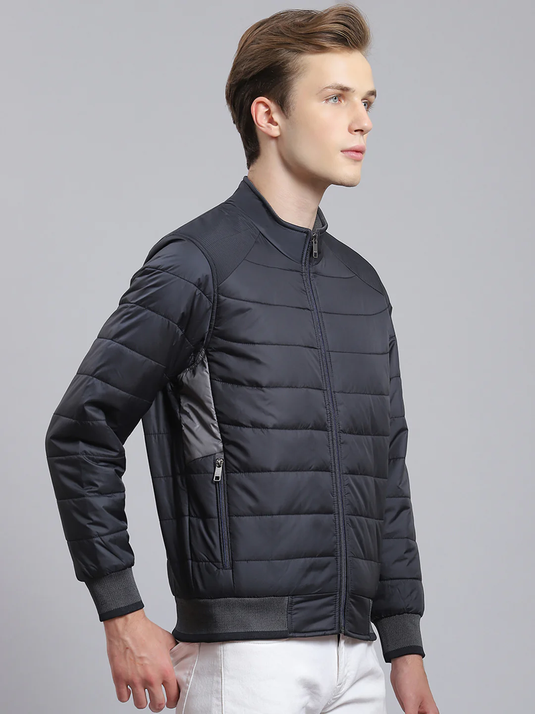 Men Navy Blue Solid Stand Collar Full Sleeve Jacket - Image 4