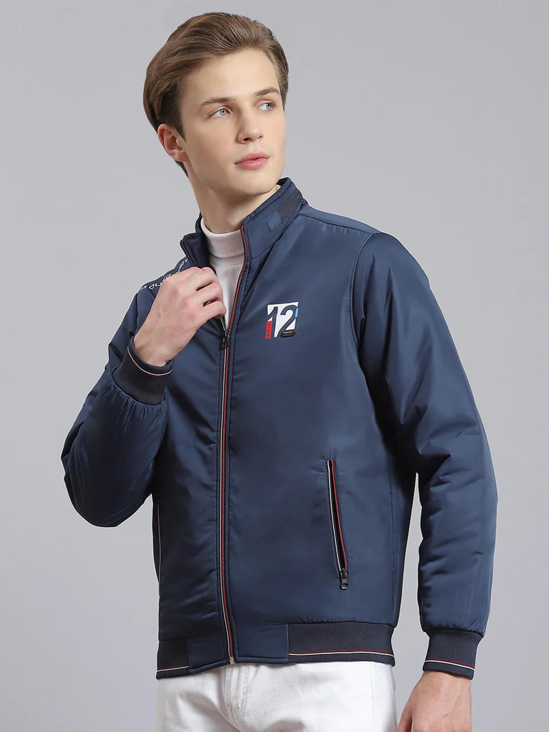 Men Navy Blue Solid Stand Collar Full Sleeve Jacket - Image 3