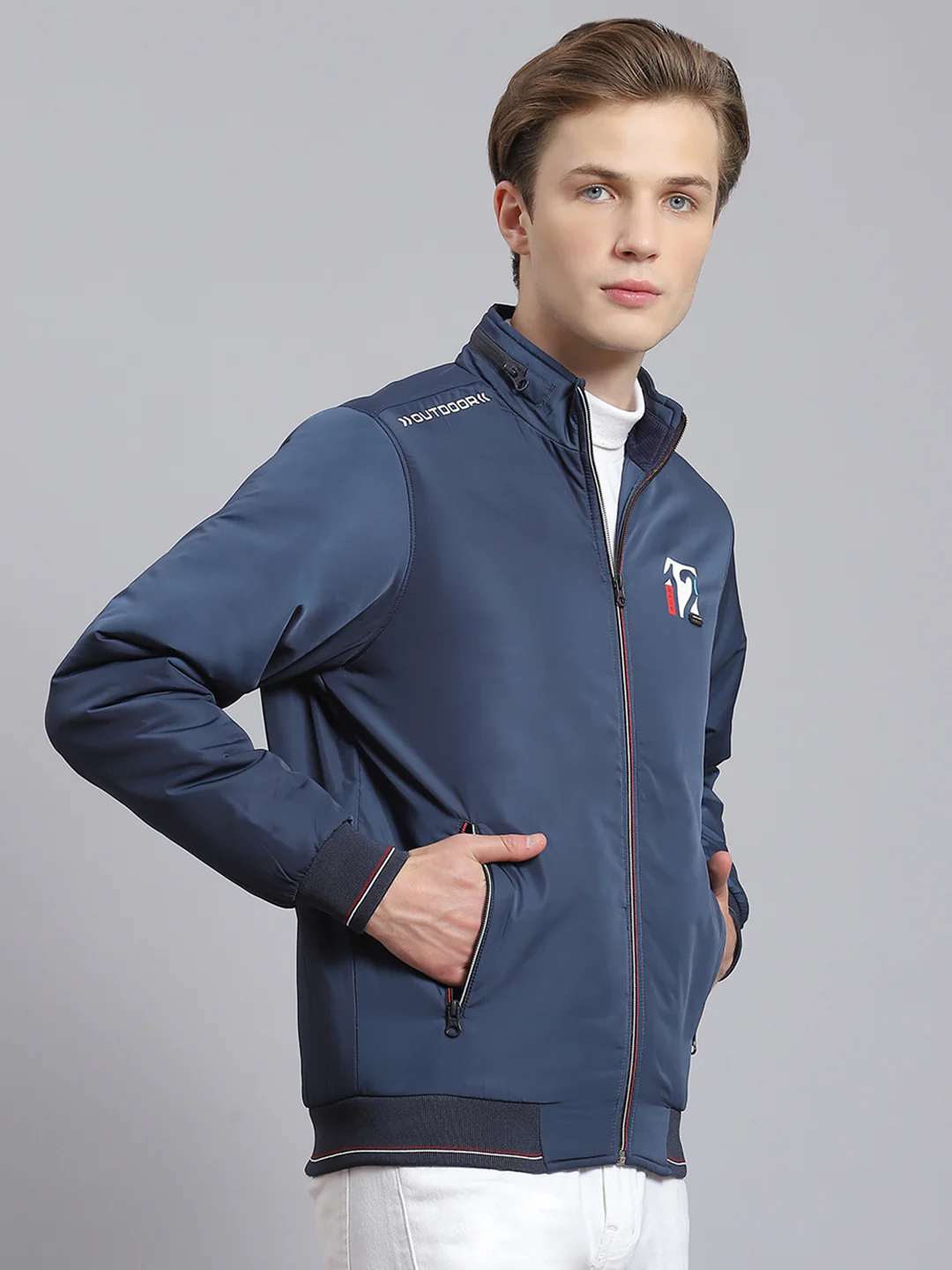Men Navy Blue Solid Stand Collar Full Sleeve Jacket - Image 4