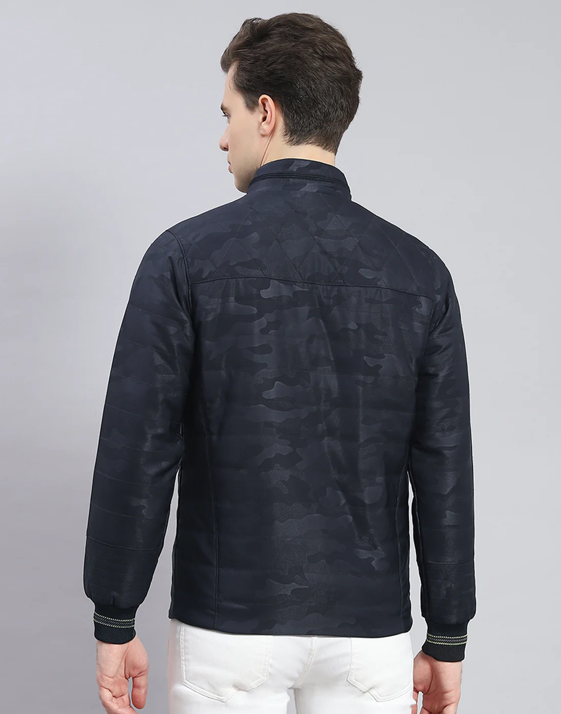 Men Navy Blue Solid Stand Collar Full Sleeve Jacket - Image 5