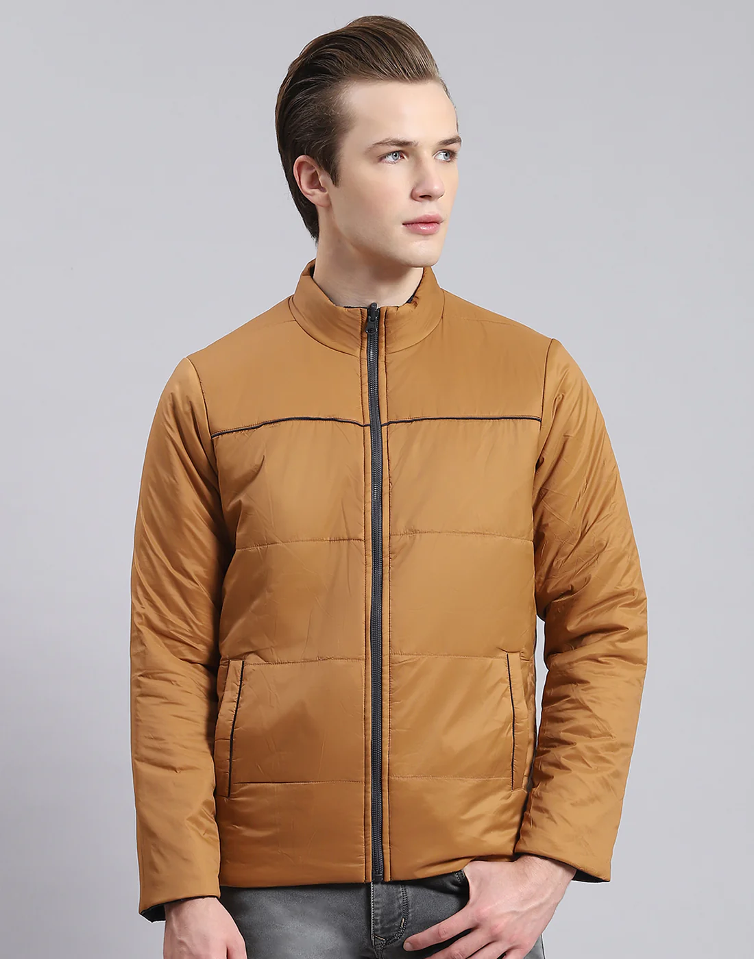 Men Navy Blue Solid Stand Collar Full Sleeve Jacket - Image 2