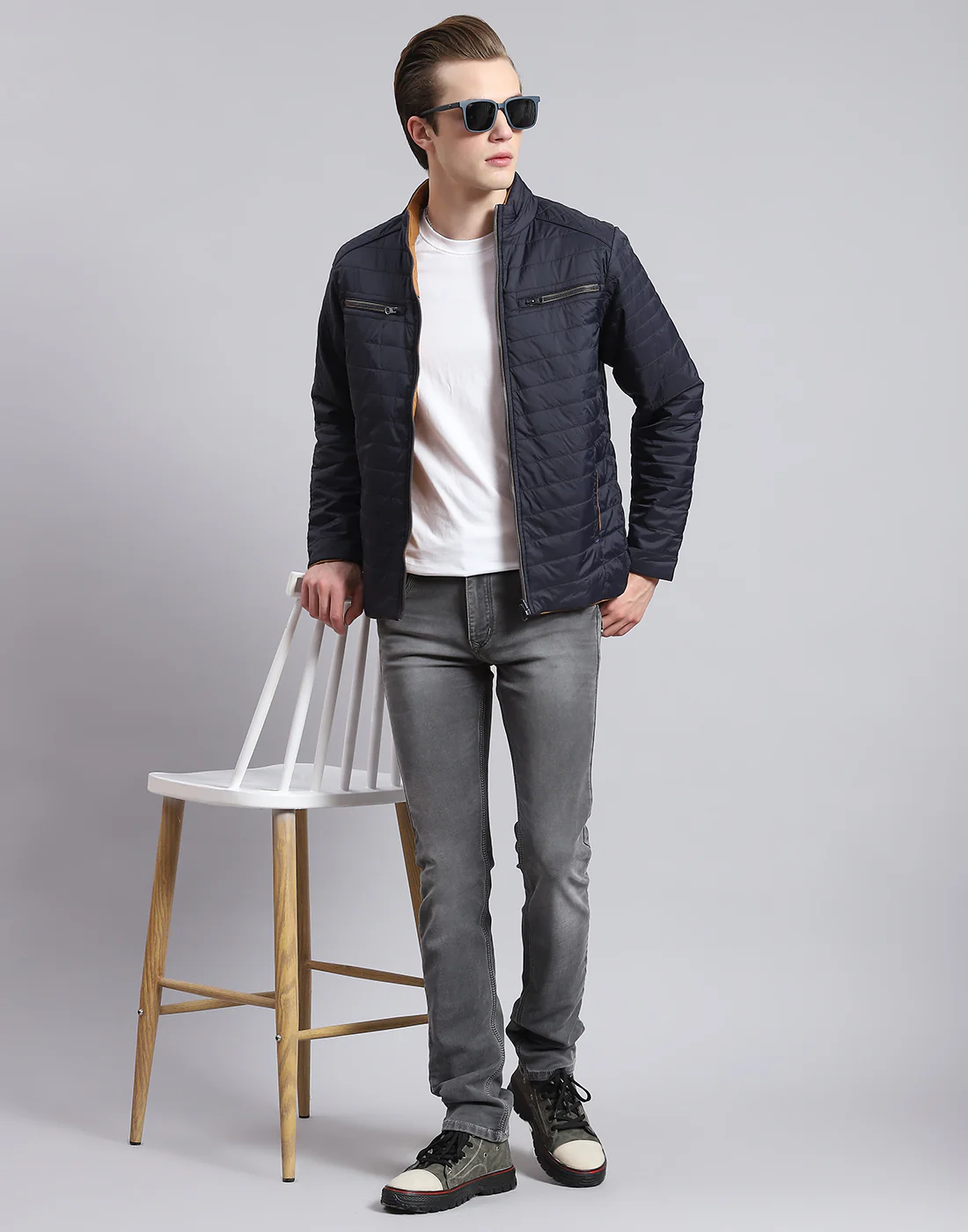 Men Navy Blue Solid Stand Collar Full Sleeve Jacket - Image 3