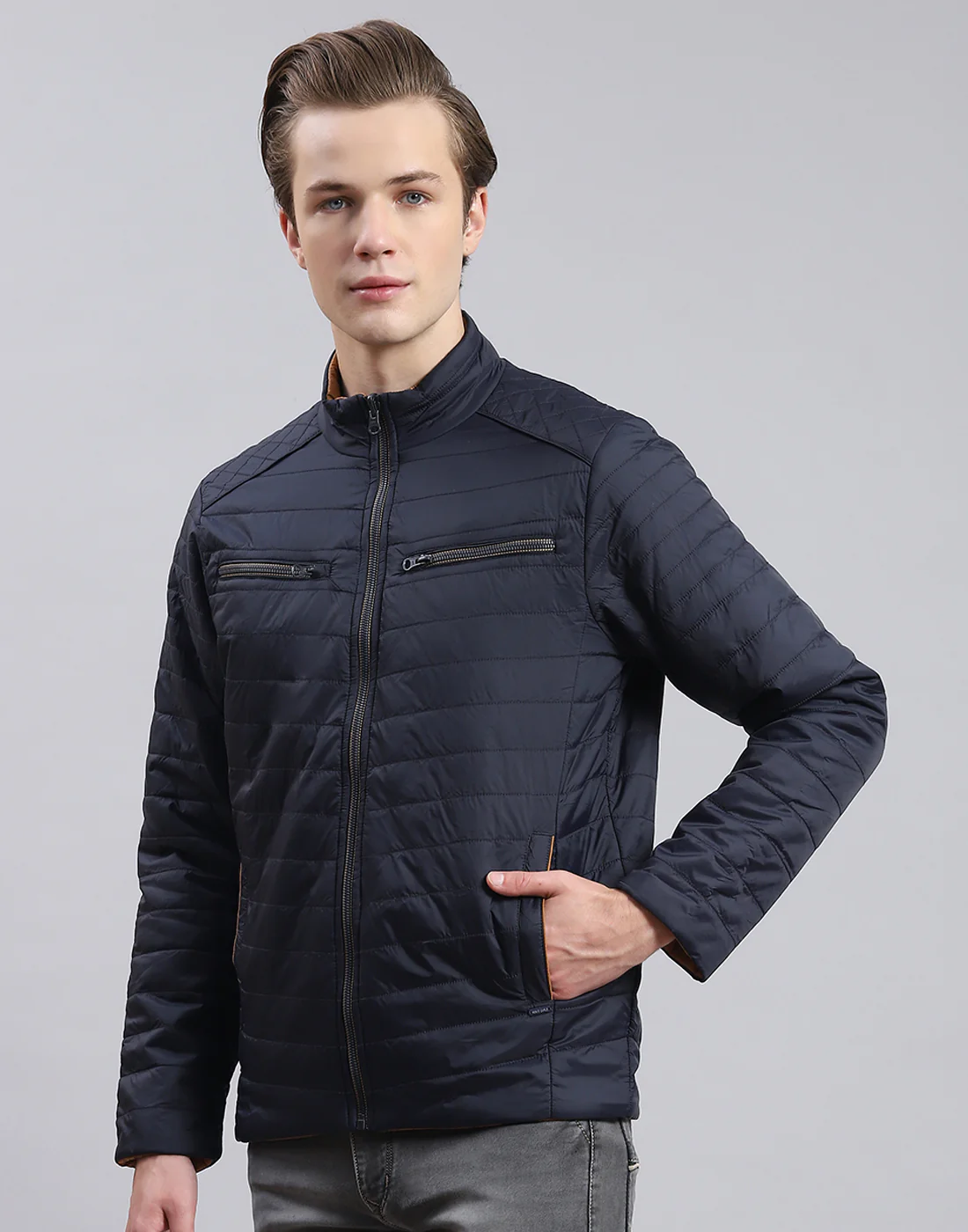 Men Navy Blue Solid Stand Collar Full Sleeve Jacket - Image 5