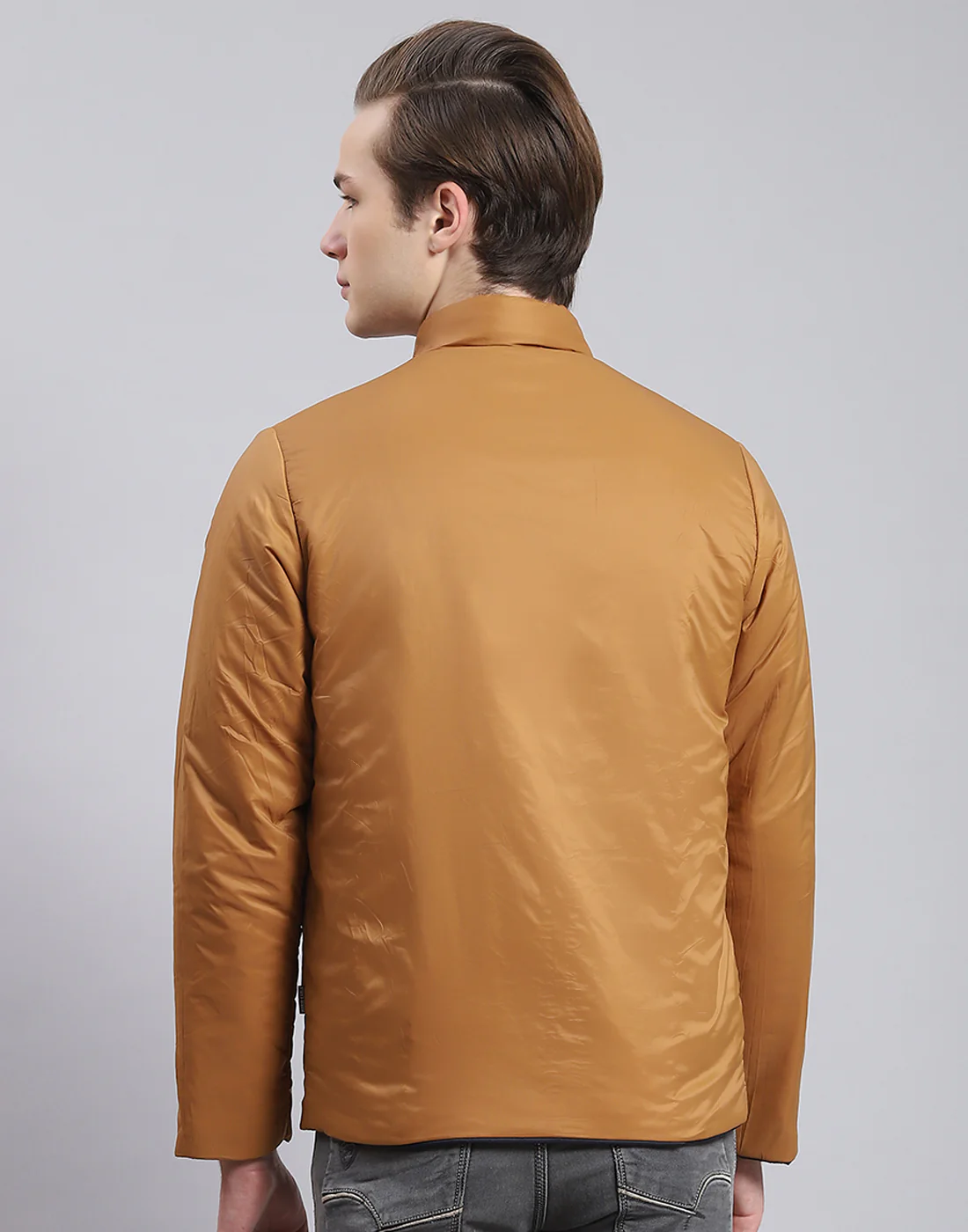 Men Navy Blue Solid Stand Collar Full Sleeve Jacket - Image 7
