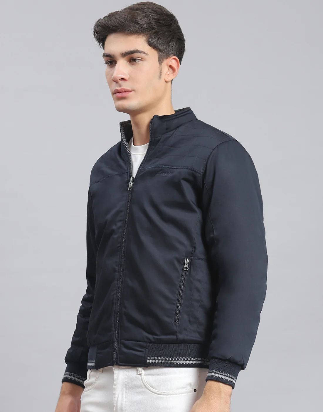 Men Navy Blue Solid Stand Collar Full Sleeve Jacket - Image 3