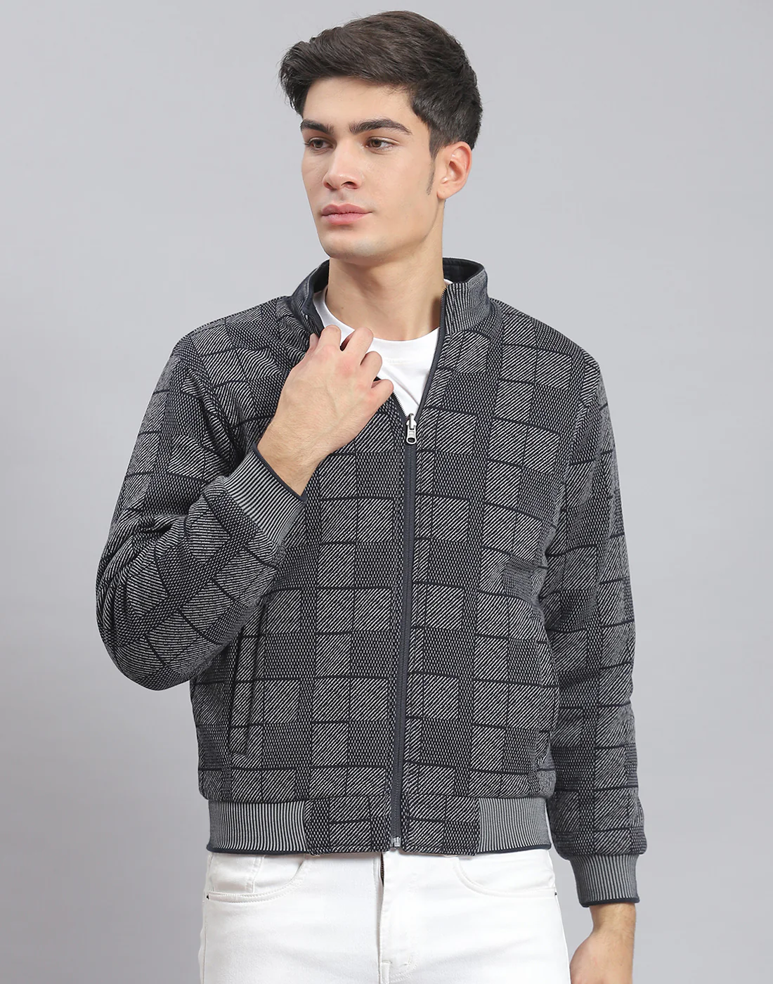 Men Navy Blue Solid Stand Collar Full Sleeve Jacket - Image 6