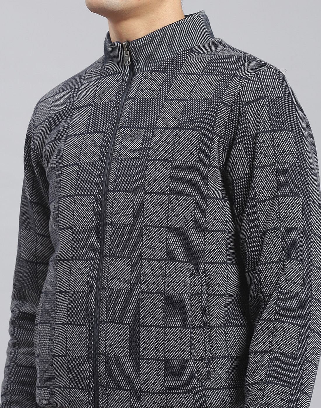 Men Navy Blue Solid Stand Collar Full Sleeve Jacket - Image 8