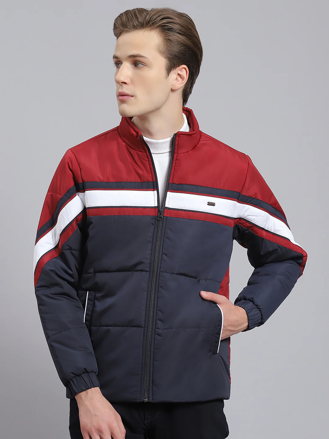 Men Navy Blue Solid Stand Collar Full Sleeve Jacket - Image 2