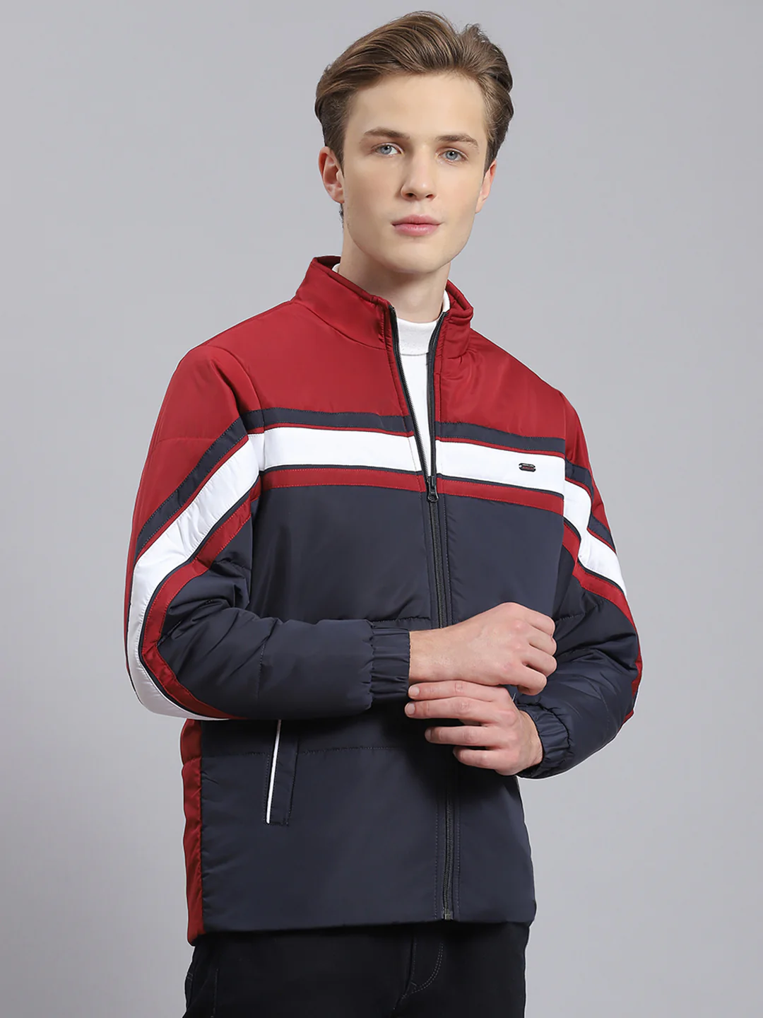Men Navy Blue Solid Stand Collar Full Sleeve Jacket - Image 4