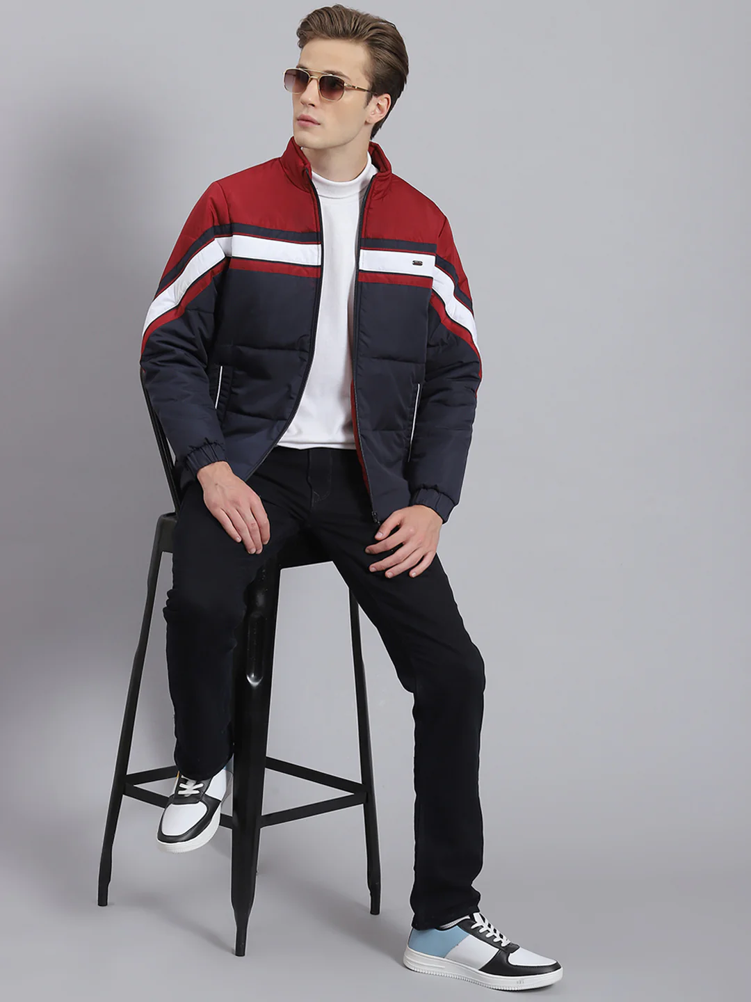 Men Navy Blue Solid Stand Collar Full Sleeve Jacket - Image 6