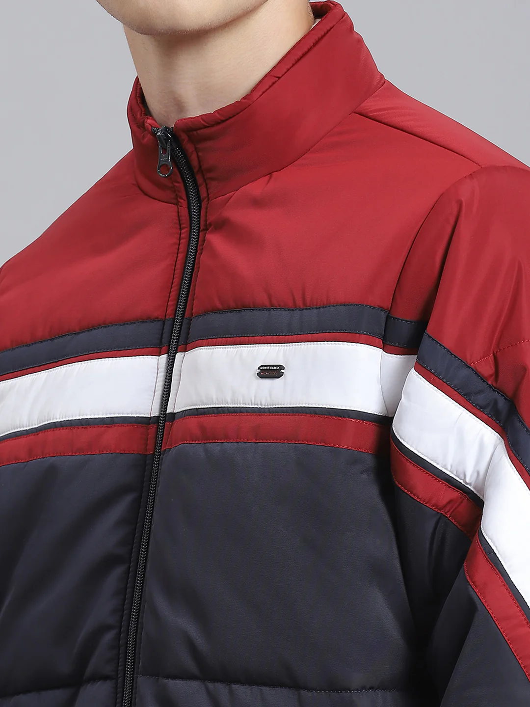 Men Navy Blue Solid Stand Collar Full Sleeve Jacket - Image 7