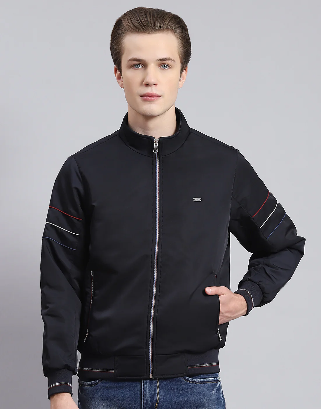 Men Navy Blue Solid Stand Collar Full Sleeve Jacket - Image 2