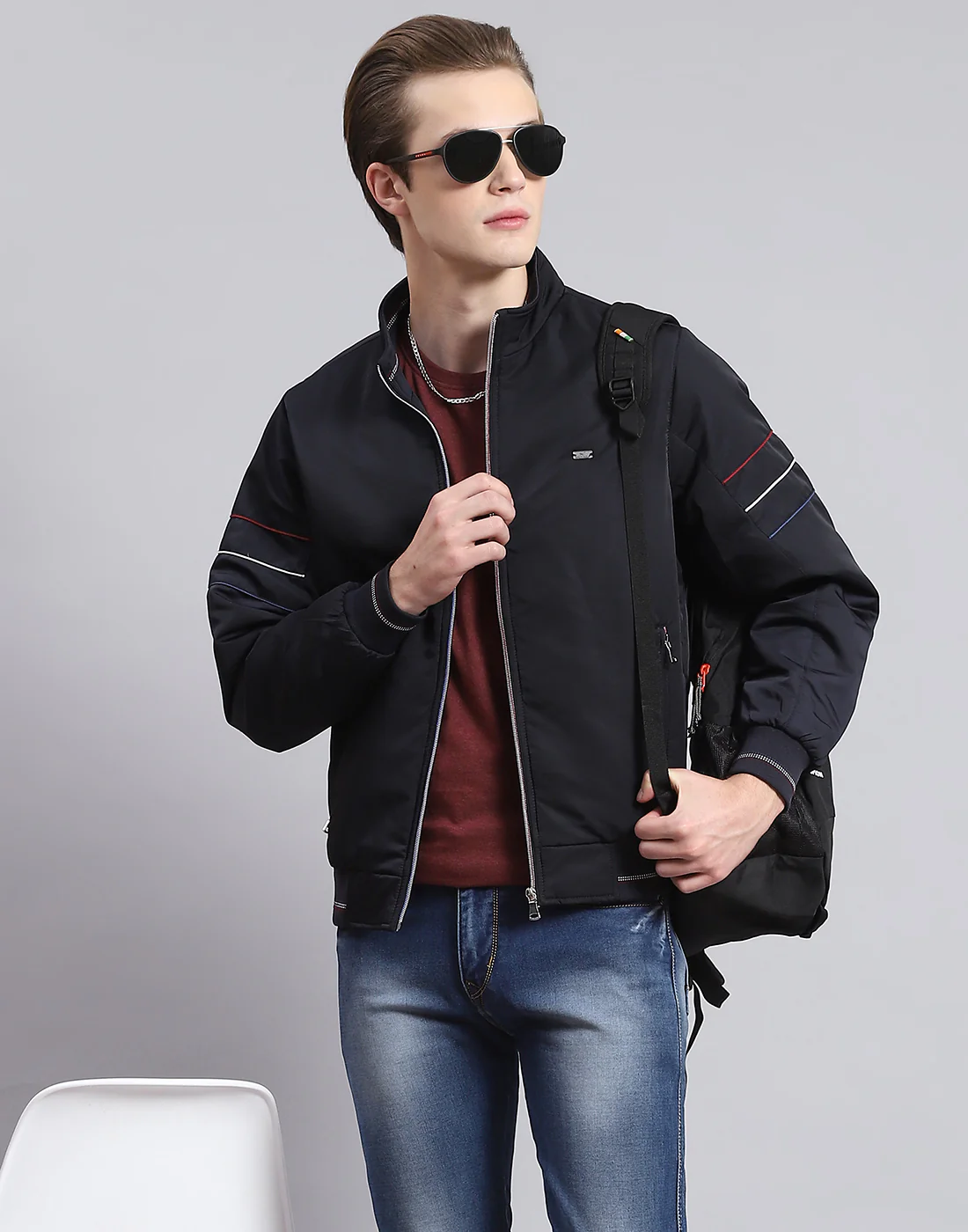 Men Navy Blue Solid Stand Collar Full Sleeve Jacket - Image 6