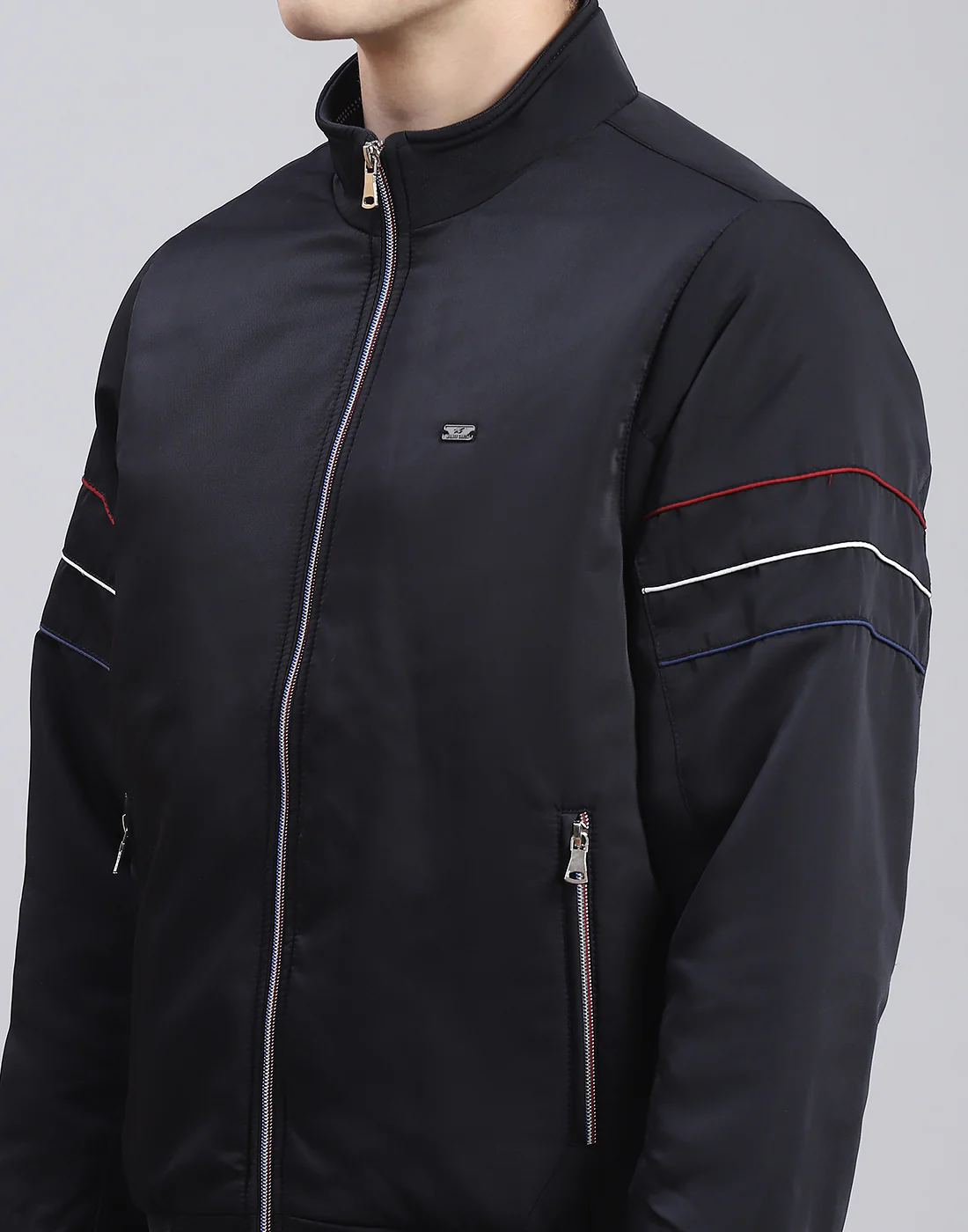 Men Navy Blue Solid Stand Collar Full Sleeve Jacket - Image 7