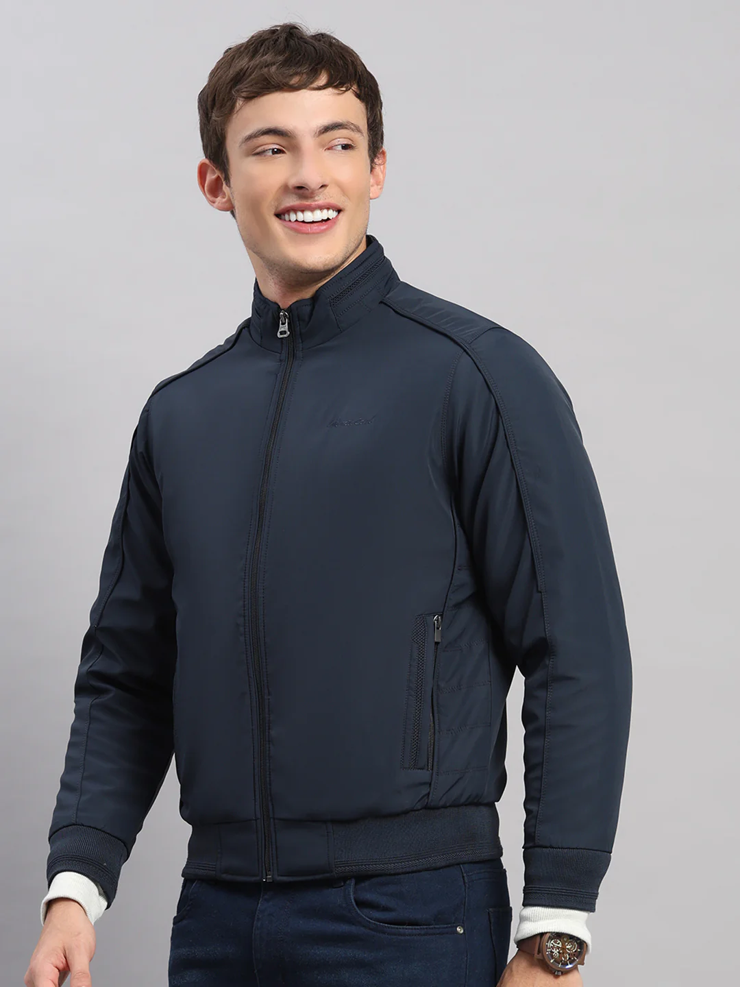 Men Navy Blue Solid Stand Collar Full Sleeve Jacket - Image 3