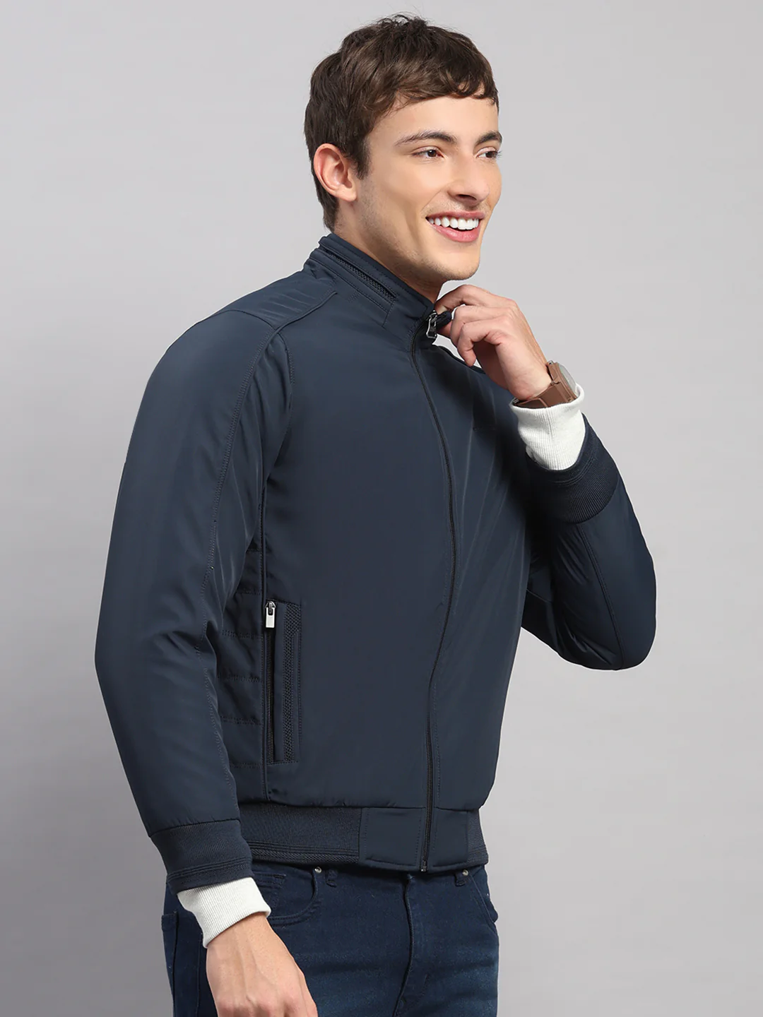 Men Navy Blue Solid Stand Collar Full Sleeve Jacket - Image 4