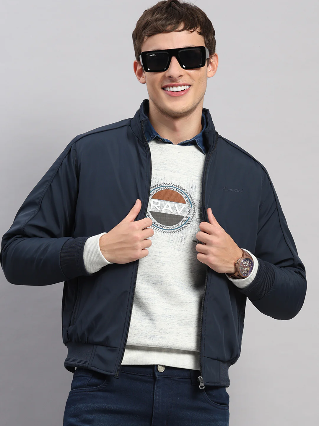 Men Navy Blue Solid Stand Collar Full Sleeve Jacket - Image 6