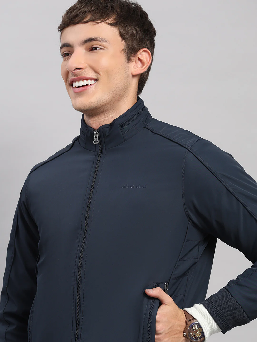 Men Navy Blue Solid Stand Collar Full Sleeve Jacket - Image 7