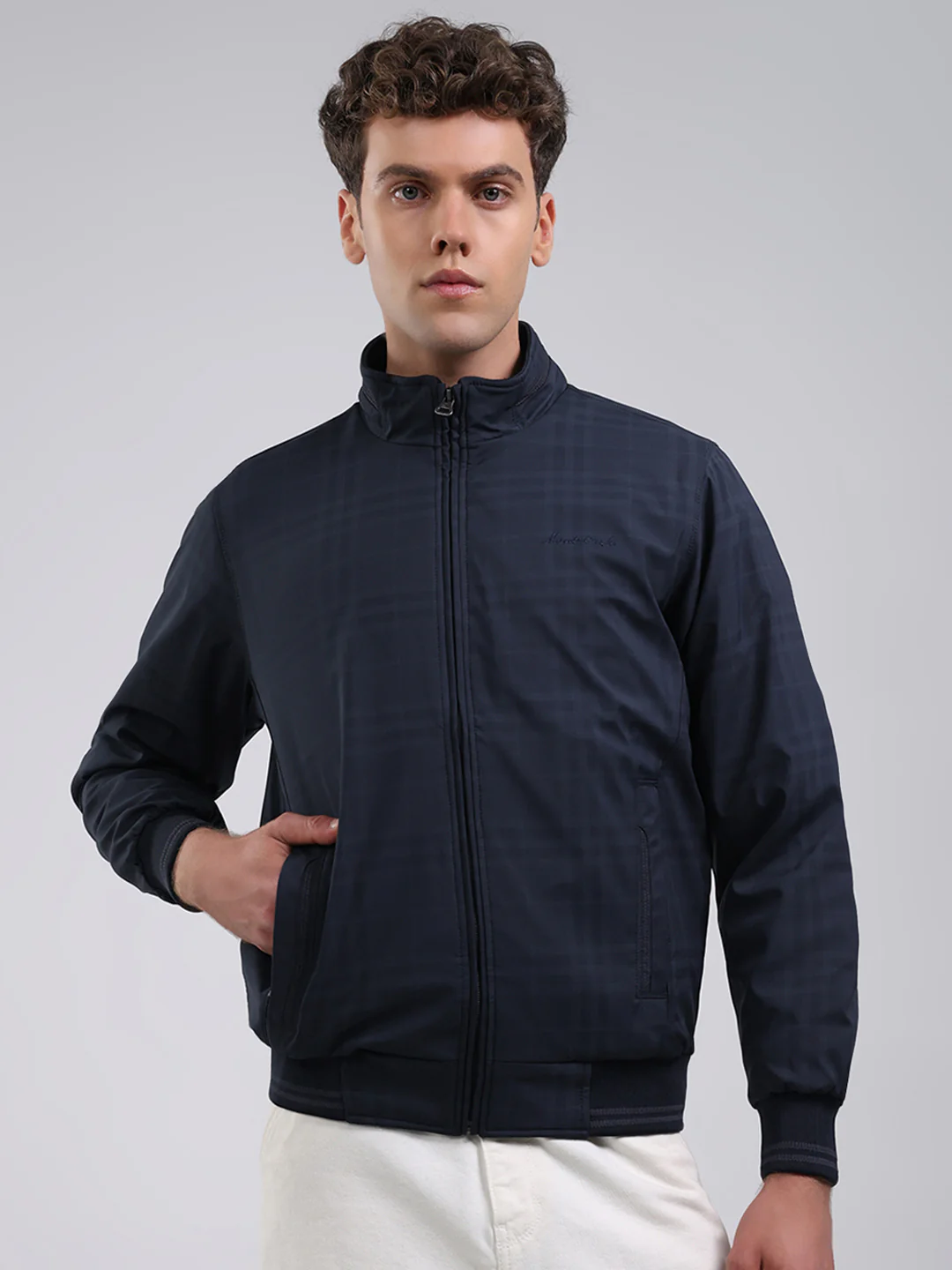 Men Navy Blue Solid Stand Collar Full Sleeve Jacket