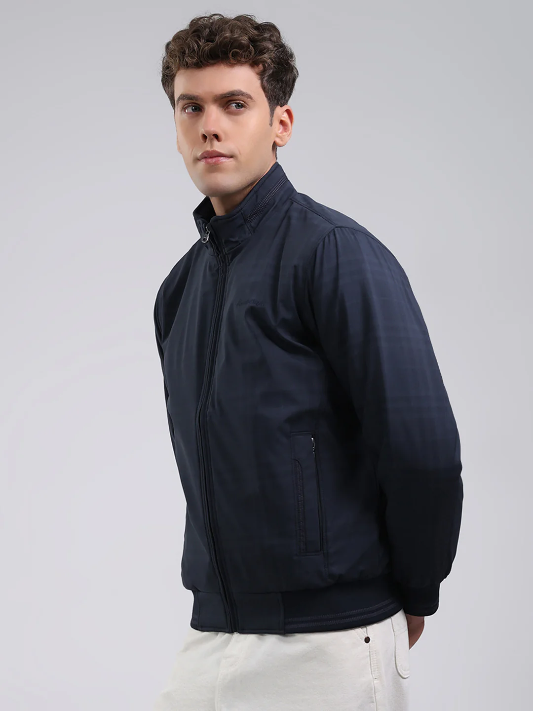 Men Navy Blue Solid Stand Collar Full Sleeve Jacket - Image 3
