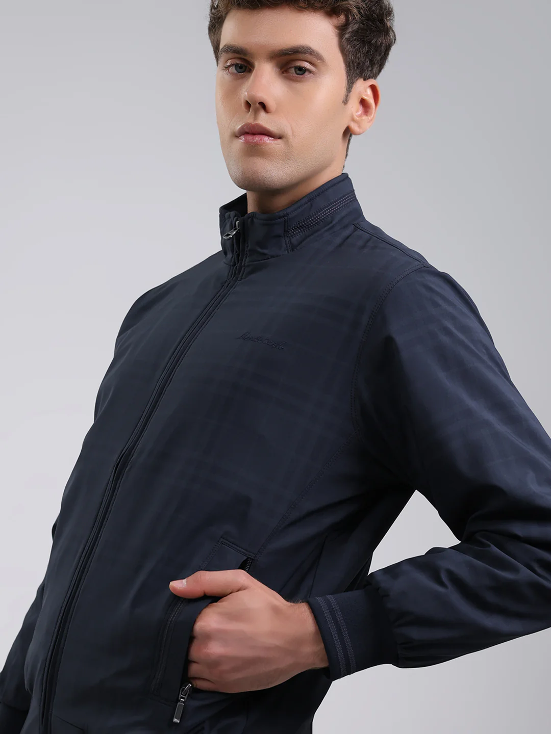 Men Navy Blue Solid Stand Collar Full Sleeve Jacket - Image 6