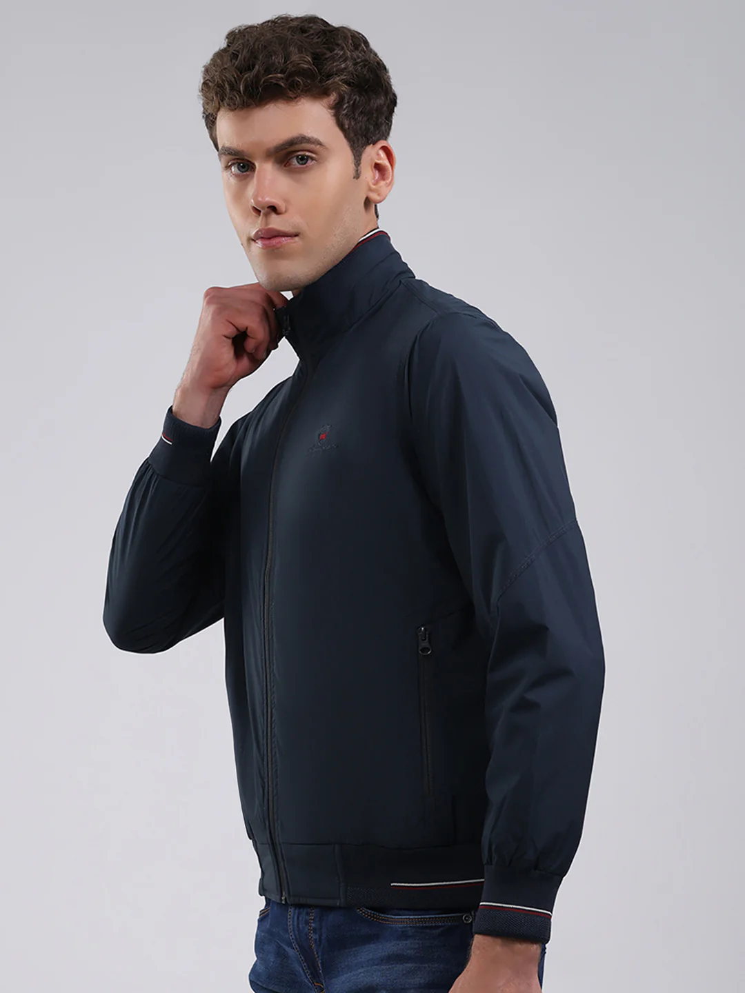 Men Navy Blue Solid Stand Collar Full Sleeve Jacket - Image 3