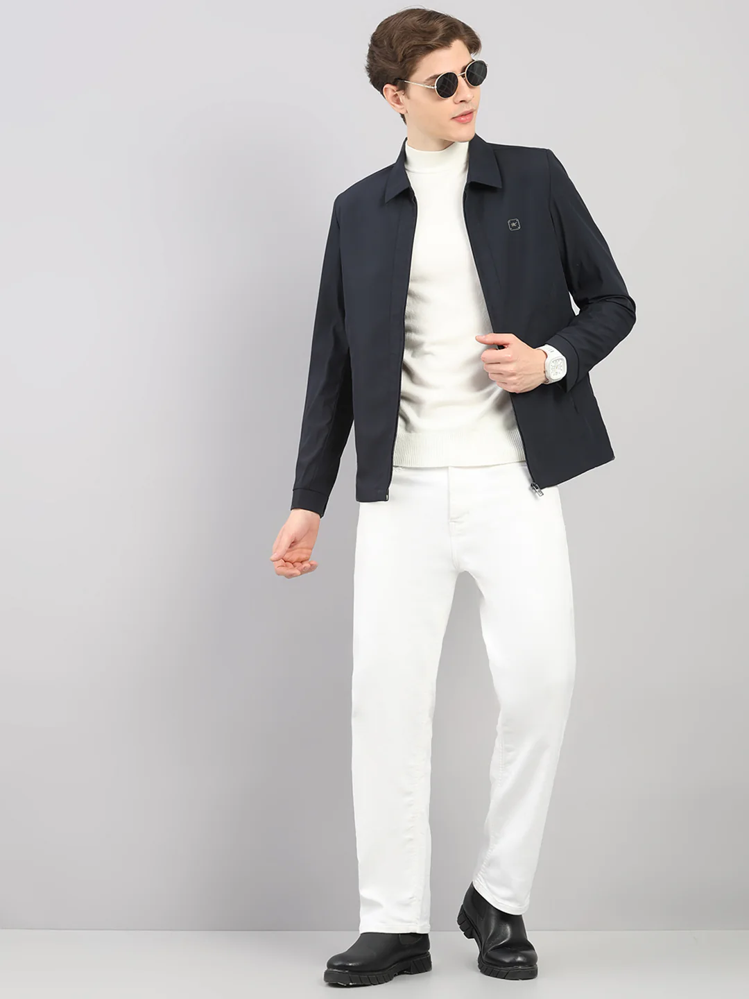 Men Navy Blue Solid Stand Collar Full Sleeve Jacket - Image 2