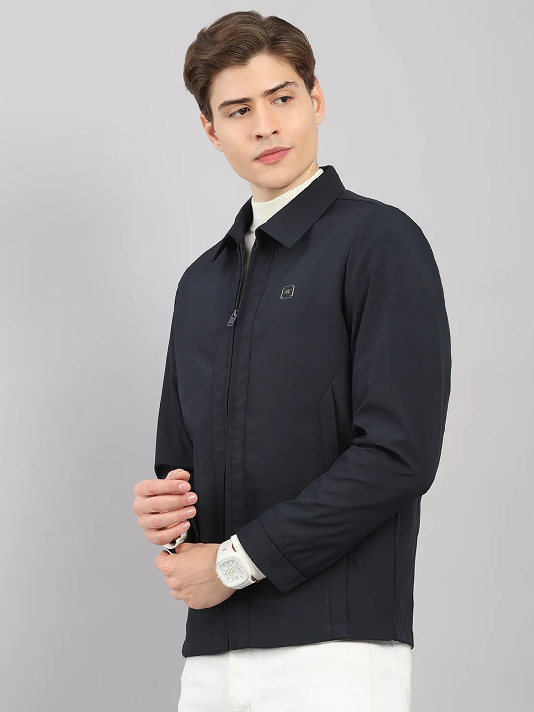Men Navy Blue Solid Stand Collar Full Sleeve Jacket - Image 3