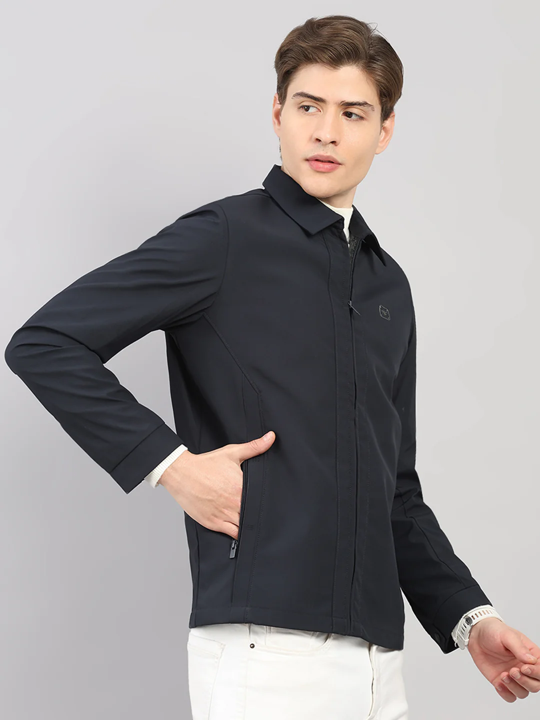 Men Navy Blue Solid Stand Collar Full Sleeve Jacket - Image 4